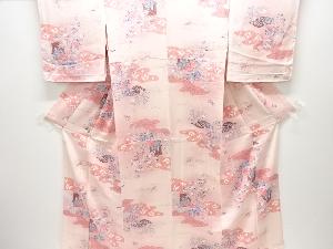 未使用品　霞に草花模様単衣小紋着物